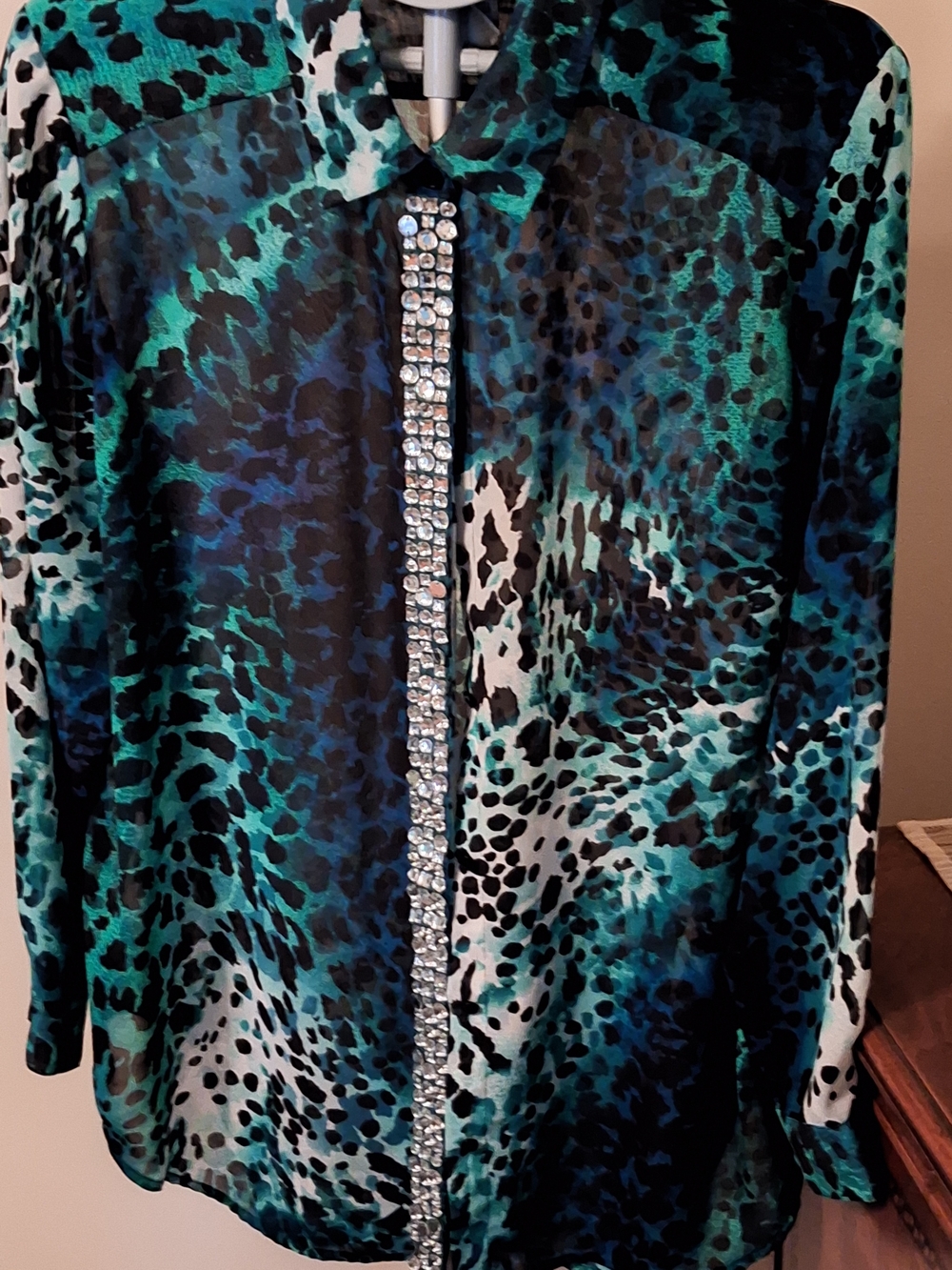 Chico's Teal and Black Patterned Top with Jeweled Detail